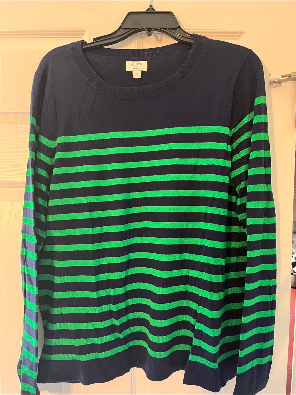 J. Crew Navy and Green Striped Crewneck Sweater